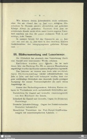 III. Büchersammlung und Lesezimmer