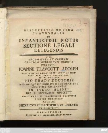 Dissertatio Medica Inavguralis De Infanticidii Notis Sectione Legali Detegendis