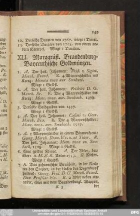 XLI. Marggräfl. Brandenburg-Bayreuthische Goldmünzen.