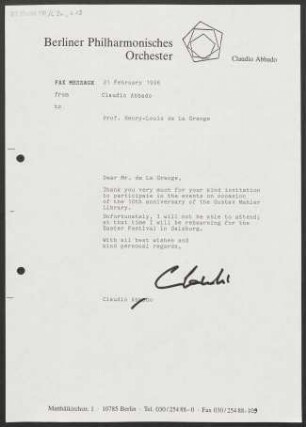 Brief an Henry-Louis de La Grange, 21.02.1996