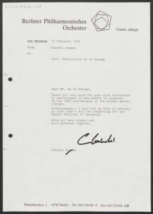 Brief an Henry-Louis de La Grange, 21.02.1996