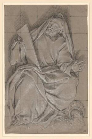 Vouet, Simon: Zeichnungen II, Blatt 199: Sitzender bärtiger Dichter, von unten beleuchtet als Relief - BSB Cod.icon. 397 b(199