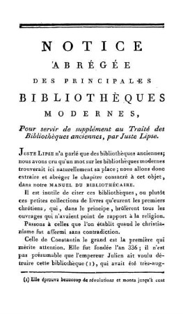 Notice Abrégée De Principales Bibliothèques Modernes, Pour servir de supplément au Traité des Bibliothèques anciennes