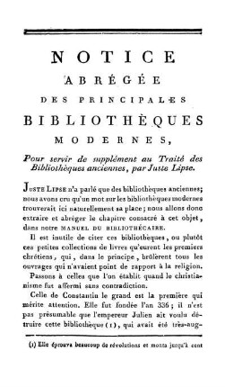 Notice Abrégée De Principales Bibliothèques Modernes, Pour servir de supplément au Traité des Bibliothèques anciennes