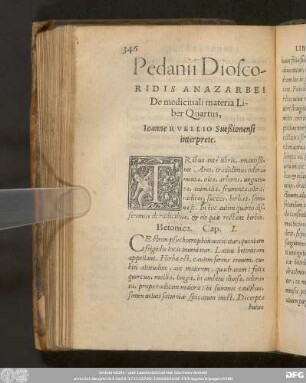 Pedanii Dioscoridis Anazarbei De medicinali materia Liber Quartus, Ioanne Ruellio Sueßionensi interprete.