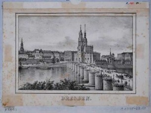 Stadtansicht von Dresden, Blick von Norden über Elbe und Augustusbrücke auf die Altstadt