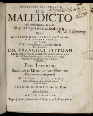 Disputatio Inauguralis De Maledicto Ad intellectum l. unic. C. Si quis Imperatori maledixerit