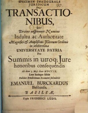 Specimen inaug. iur. de transactionibus