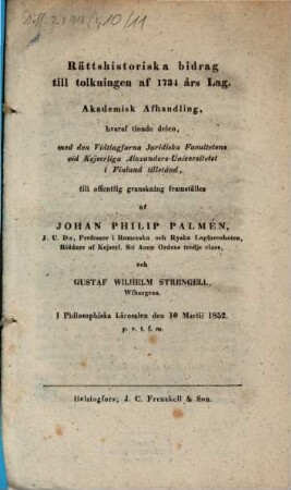 Rättshistoriska bidrag till tolkningen af 1734 års lag, 10