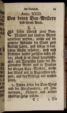Artic. XXXI. Von denen Bau-Meistern und ihrem Amte. - Artic. LX. Von denen Wasser-Meistern.