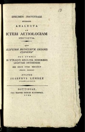 Specimen Inaugurale Exhibens Analecta Ad Icteri Aetiologiam Spectantia