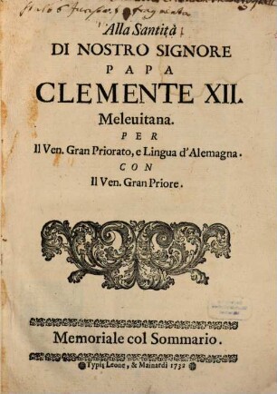 Alla Santita ... Clemente XII Melevitana