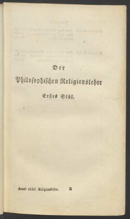 Der Philosophischen Religionslehre Erstes Stük