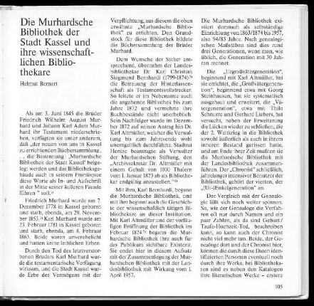 Die Murhardsche Bibliothek der Stadt Kassel und ihre wissenschaftlichen Bibliothekare