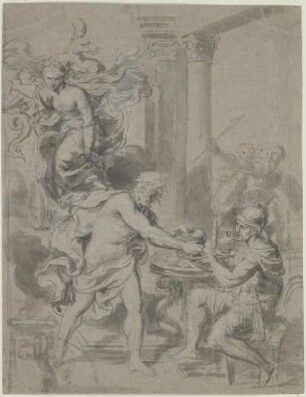 Mythologische Szene: Einem Krieger, der vor Säulen an einem Tisch sitzt, wird von einem nackten Mann ein Pokal überreicht