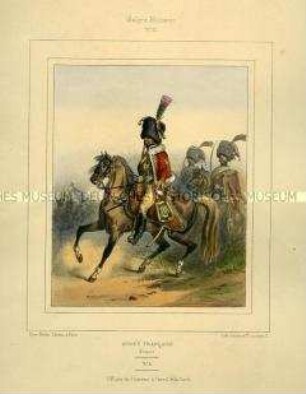 Uniformdarstellung, Offizier des Jäger-Regiments zu Pferde der Kaiserlichen Garde, Kaiserreich Frankreich, 1804/1812. Tafel Nr. 61 aus: Galerie Militaire.