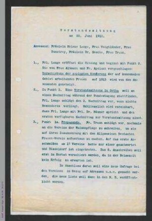 Protokolle Vorstandssitzungen am 22. und 23. Juni 1912