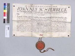 Dr. theol. Johann Schirmbeck, Rektor der Universität und des Jesuitenkollegs zu Dillingen a.d.Donau, ernennt Georg Schreyereder von Landau, Archidiakon zu Donaustauf, zum Lizentiaten der Theologie. S: Universität Dillingen a.d.Donau