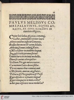 Paulus Melissus comes palatinus, eques auratus, et civis romanus in eandem effigiem