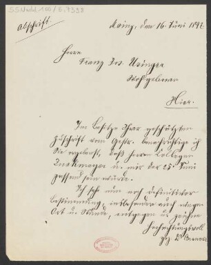 Brief an Franz Joseph Usinger : 16.06.1897