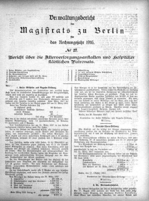 No. 27. Bericht über die Altersversorgungsanstalten und Hospitäler städtischen Patronats