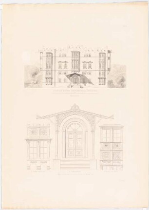 Werke der höheren Baukunst, Darmstadt 1856 Schloss im Gebirge: Ansicht Auffahrtsseite, Portal, Erker