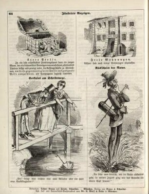 "Illustrirte Anzeigen. Leere Stelle" "Illustrirte Anzeigen. Freie Wohnungen" "Herkules am Scheideweg" "Rückschritt der Natur"