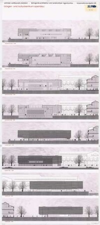 Bürger- und Kulturzentrum »Spandauer Eck«, Berlin-Spandau Schinkelwettbewerb 2001: Schnitte, Ansichten 1:200