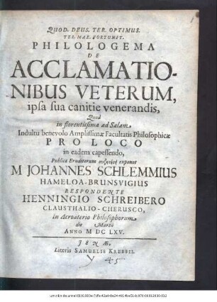 Philologema De Acclamationibus Veterum, ipsa sua canitie venerandis
