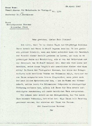 Brief Berckhemer an Oberspräparator Fischer bei Hauff zur Aussprache seiner Anerkennung zum 50jährigen Jubiläum
