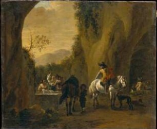 Landschaft mit Brunnen an einem Höhleneingang mit rastenden Reitern und Wäscherinnen
