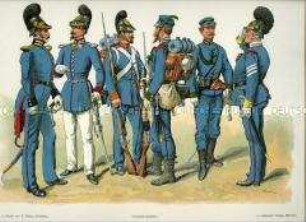 Uniformdarstellung, Oberleutnant, Gemeiner, Schützen-Korporal, Schützen-Unterleutnant, Feldwebel verschiedener Infanterie-Regimenter, Königreich Bayern, 1836/1868. Tafel XV aus: Müller/Braun: Königl. Bayerische Armee.