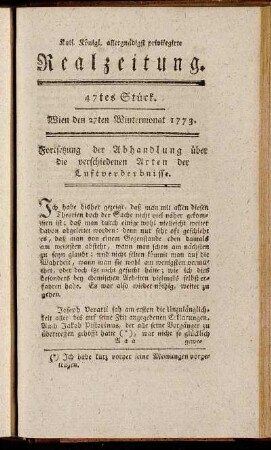 47tes Stück. Wien den 27ten Wintermonat 1773.
