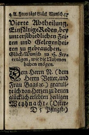 Vierte Abtheilung. Einfältige Reden, bey unterschiedlichen Zeiten und Gelegenheit zu gebrauchen.