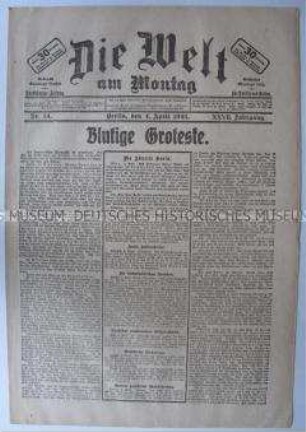 Wochenzeitung "Die Welt am Montag" zur Niederschlagung der Arbeiterunruhen im März 1921