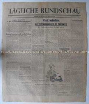 Sowjetische Tageszeitung für die deutsche Bevölkerung "Tägliche Rundschau" zur Wiederaufnahme des Nürnberger Prozesses