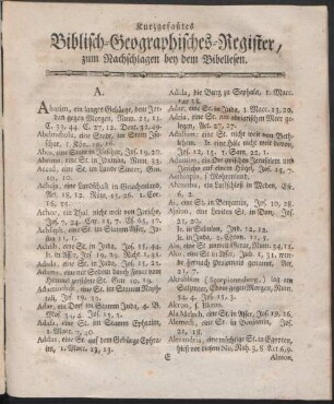 Kurzgefaßtes Biblisch-Geographisches-Register, zum Nachschlagen bey dem Bibellesen