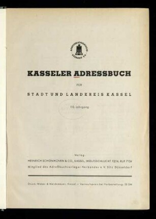 Jg. 110.1950: Kasseler Adressbuch für Stadt und Landkreis Kassel