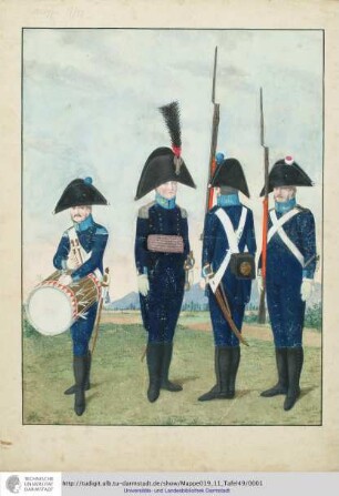 Abbildung Des Gros[s]herzoglich Hessischen Militair. [Tafel 49: Invalidenkorps; Tambour, Stabsoffizier, Gemeiner und Sergeant der Invalidenkompanie Hessen]. S.l.e.a. [ca. 1813/14]