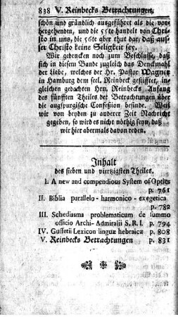 Inhalt des sieben und viertzigsten Theiles.