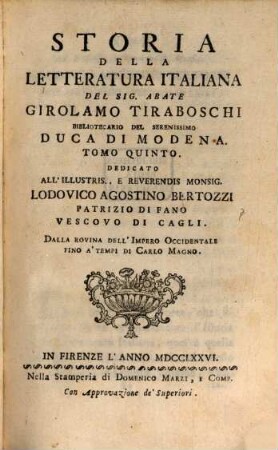 Storia Della Letteratura Italiana, 5. Dalla Rovina Dell'Impero Occidentale Fino A'Tempi Di Carlo Magno