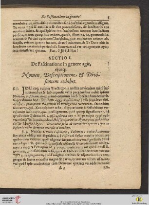 Sectio I: De Fascinatione in genere agit, ejusq; Nomen, Descriptionem & Divisionem exhibet