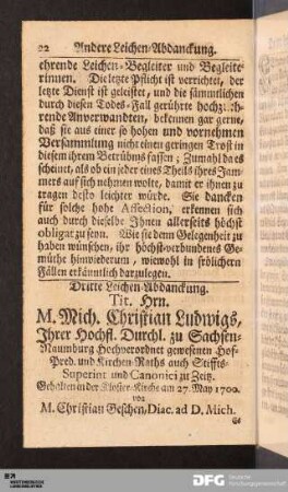 Dritte Leichen-Abdanckung. Tit. Hrn. M. Mich. Christian Ludwigs...