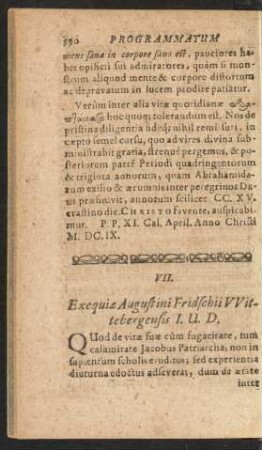 VII. Exequiae Augustini Fridschii Wittebergensis. I. U. D.
