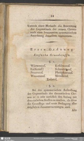 Erste Ordnung. Einfache Grundstoffe