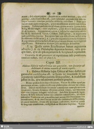 Caput XII. Habitus Historiae nostrae Criticae tum generatim, tum speciatim ad doctrinam de anima materiae & mortis experti