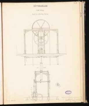Hochofenanlage mit Verbindungsbahn Schinkelwettbewerb 1863: Gichtaufzug: Aufriss Seitenansicht und Querschnitt; Maßstabsleiste