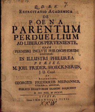 Exercitatio Academica De Poena Parentum Perduellium Ad Liberos Perveniente