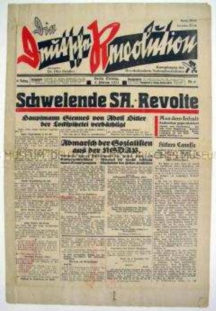 Oppositionelle NS-Wochenzeitung "Die deutsche Revolution" zur Unzufriedenheit innerhalb der SA mit der NSDAP-Führung