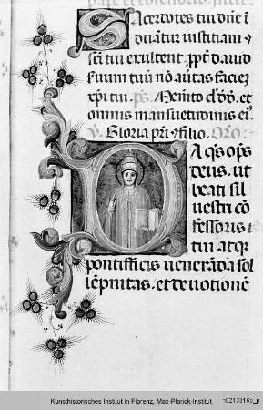 Missale Romanum : Textseite mit historisierter Initiale D: Heiliger Papst, Gregor der Große?